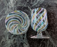 Two Cordial Apertif Juice Short Stem 4 Oz Hand Blown Glasses Colorful Swirls 4″