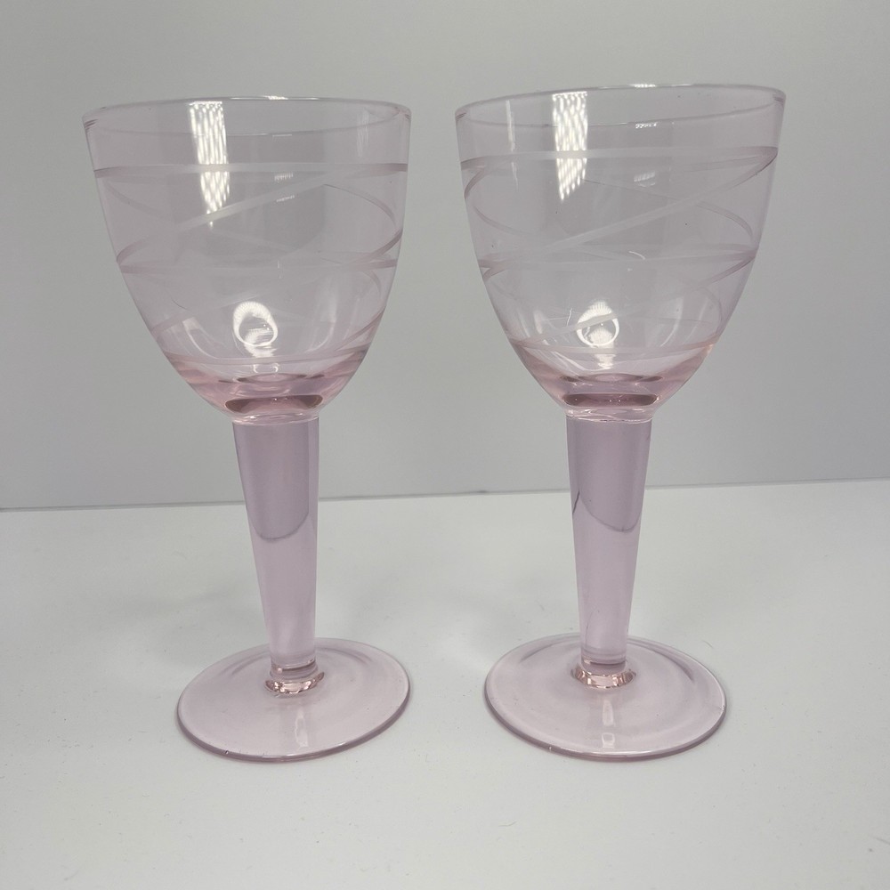Vintage Pink MCM Wine Glasses Etched Swirl Pattern Thick Stem 7″ Set of 2