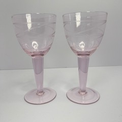Vintage Pink MCM Wine Glasses Etched Swirl Pattern Thick Stem 7″ Set of 2