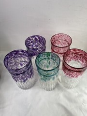 Set 5 Handblown Art Glass Tumblers Artist Signed Multicolored Pink Purple Aqua
