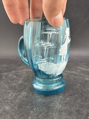 Antqiue Light Blue Mary Gregory Glass Hand Painted Tumbler Ribbed Gold Rim