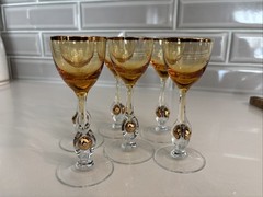 MCMJosef Stanik Atlas Amber cordial stems – set of 6 Gold Trim and Ball- 4 3/4”