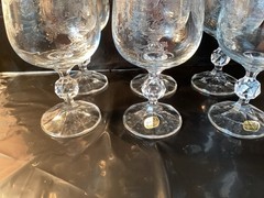 Bohemia Crystal Glasses Etched Faceted Ball Stem Gold Rim Set Of 6