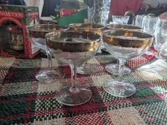 Vintage French Coupe Champagne Glasses Thick Gold Trim & BLUE INSIDE TRIM 5 pcs