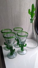 Vtg. Mexican Hand Blown Margarita, Glasses Saguaro Cactus Set 4 , + Decanter,
