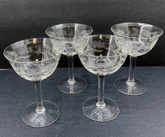 SET 4 Antique CHAMPAGNE / Sherbet COUPE French Mousseline CRYSTAL ETCHED Floral