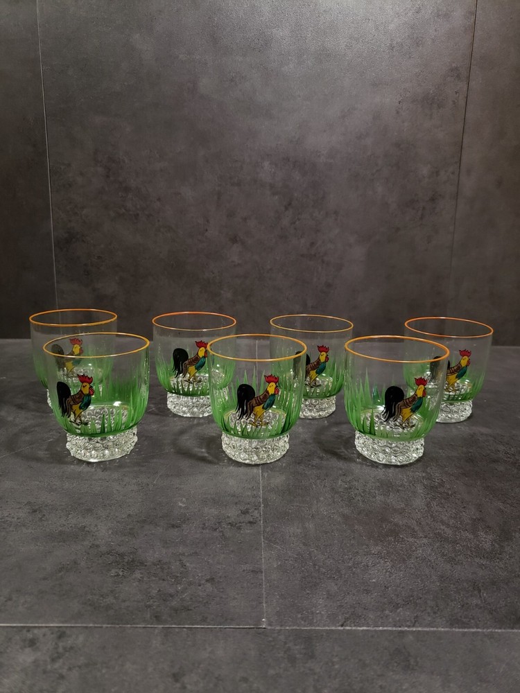 Rooster Juice or Shot Glasses Barware Set Of 7 Vintage Hand Painted