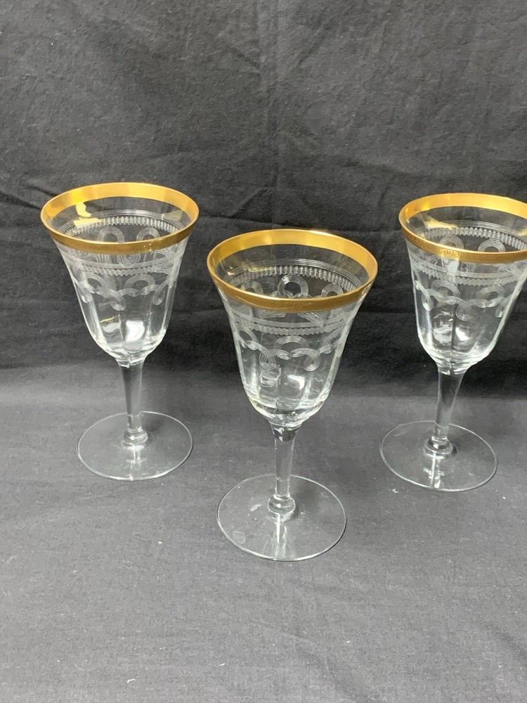 3 Vintage Tiffin-Franciscan 14196-6 Wine Water Goblet Stem Glass Etched Gold Rim