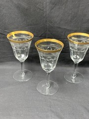 3 Vintage Tiffin-Franciscan 14196-6 Wine Water Goblet Stem Glass Etched Gold Rim