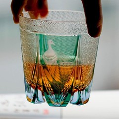 Whisky Glass Japan Style Cut Crystal Edo Kiriko Glass Tumbler Green Peacock 11oz