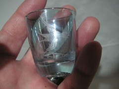 4 BOHEMIAN GLASS BIRD WITH FOLIAGE CUT TO CLEAR SHOT GLASSES, MARKED ON BOTTOM