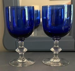 Vtg Cobalt Blue – Set of 6 – 2 WaterWine Glasses, and 4 Cordial w/Clear Stem EUC