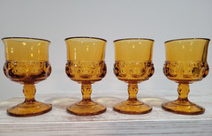 4 VTG MCM Indiana Glass Amber Gold Kings Crown Thumbprint Sherry Glasses 4.25″