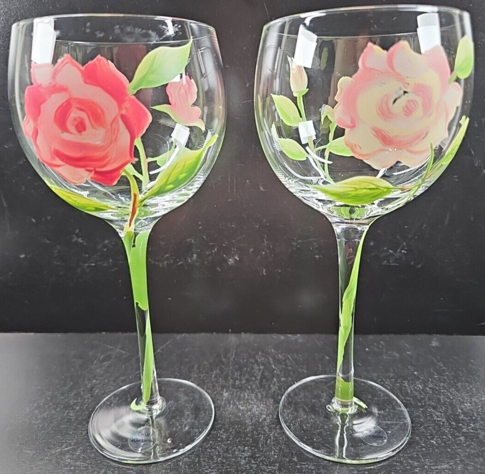 2 Block Vintage Rose Balloon Wine Glasses Mix Set Floral Hand Painted Flower Lot