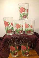 Vintage Federal Glassware Tumblers Glasses Pink & Red Rose Floral MCM Set 6