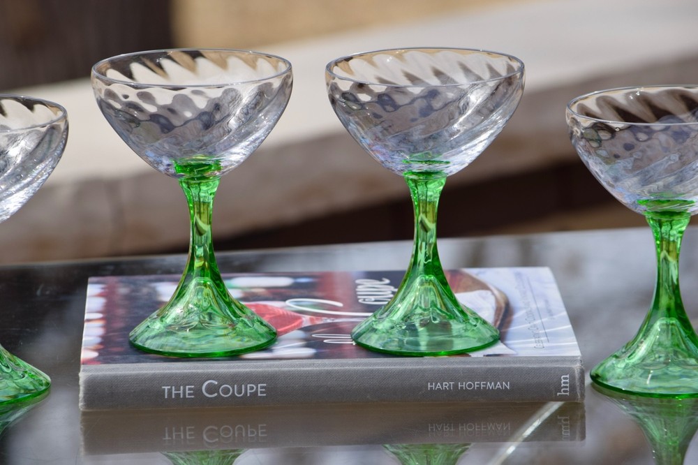 Antique Spiral Optic Cocktail Glasses with Green Stems, Fostoria, 1925