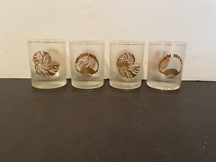Four (4) Gold Trimmed Frosted Seashell Nautilus Double Old Fashioned Glasses