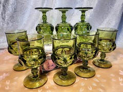 8 Vintage King’s Crown Color Crown Green 5 5/8″ Water Goblets Wine Glasses SET