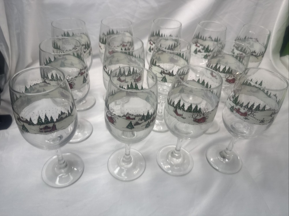 Libbey Currier Ives Wine Glasses Water Goblet Christmas Winter Scene Set of 13