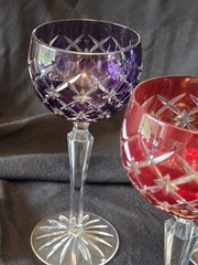 AJKA / Bohemian Cut Glass Crystal Wine Goblets Hocks Blue Red Green Purple Stars