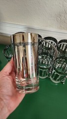 MCM 8 Silver Band Stripe Tumber Barware Glasses W/ Chrome Carrier Mid Century