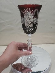 1 Wine goblet Glass, Dark Ruby Red Cut to clear Crystal brilliant HobStar foot