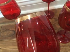 (4) Bormioli Rocco Italy Ruby Red Crystal Glass w/Gold Rim Wine Glasses RARE 8.2
