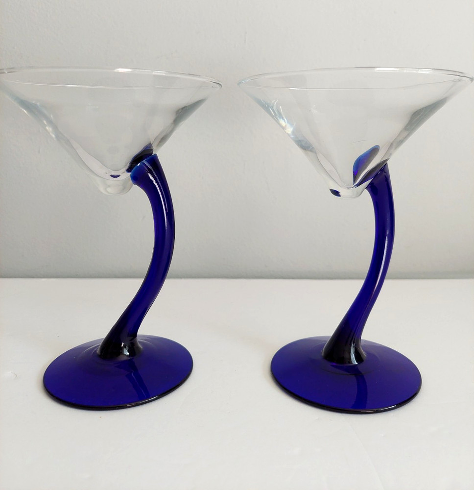 Vintage Libbey Martini Glassware Bravura Swerve Cobalt Blue Curved Stem Barware