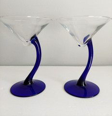 Vintage Libbey Martini Glassware Bravura Swerve Cobalt Blue Curved Stem Barware