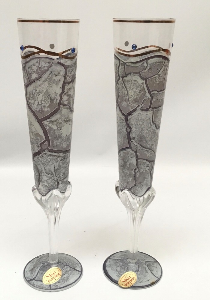 2 VTG Holub Maskl Bohemia Champagne Toasting Flutes Glasses Castle Rock Print