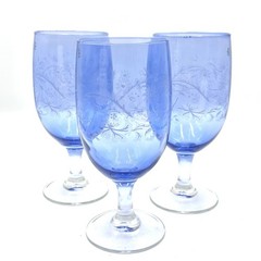 Set Of 3 Vintage Blue Frosted Etched Floral Goblets Stem Wine Water Glasses NOS