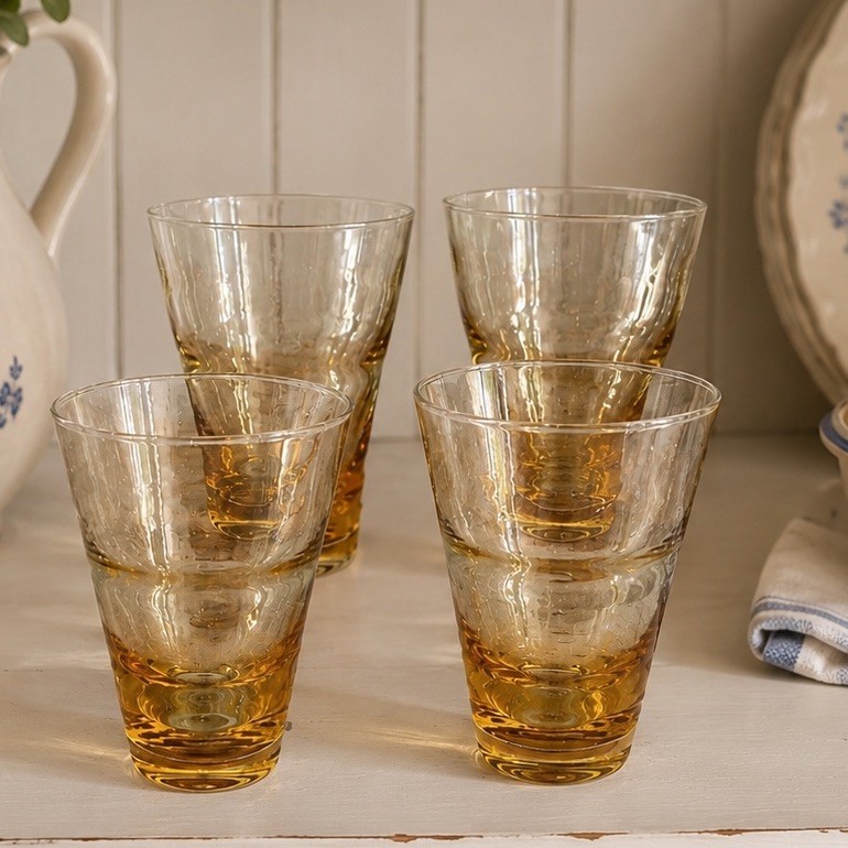 VTG Libbey Tumblers Set 4 Amber Ripple Wave Glasses Farmhouse Kitchen Barware 5”