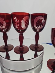 (5) WINE glasses Goblets 5″, bohemian Ruby red flashed & engraved cut to clear