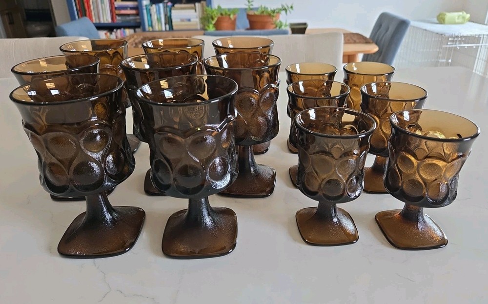 Vintage Noritake Spotlight Walnut Brown Goblets 14 Pieces Mid-Century Glasses