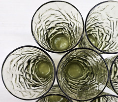7) Libbey Aztec Olive Green 12 Oz Tumblers Lot Vintage Textured Crinkled MCM Lot