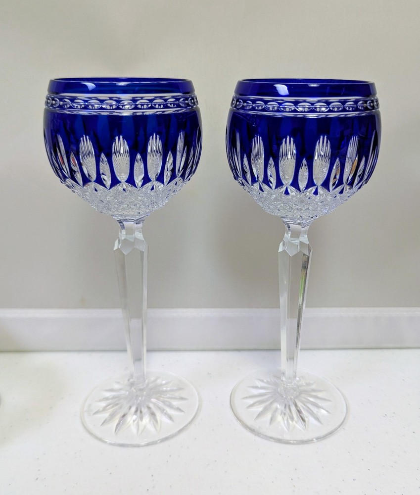 Pair Waterford Cobalt Blue Cut to Clear Clarendon Hock Wine Goblet Glasses