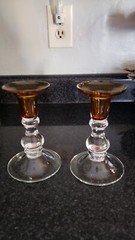 2 MILLER ROGASKA for Reed & Barton 6” Candlesticks Crystal and Amber Poland