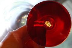 Vtg Set 5 WESTON 1 Water Goblet & 4 Wine RUBY RED FOOT/ CUT STARFLOWER GLASSES