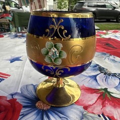 Bohemian Czech Royal Blue Glass Sniffer with Gold Accents and Enamel Flower