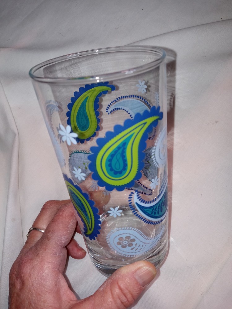 Beautiful Vtg MCM 1960’s Libbey BLUE GREEN PAISLEY 16 oz Tumbler FREE SHIPPING
