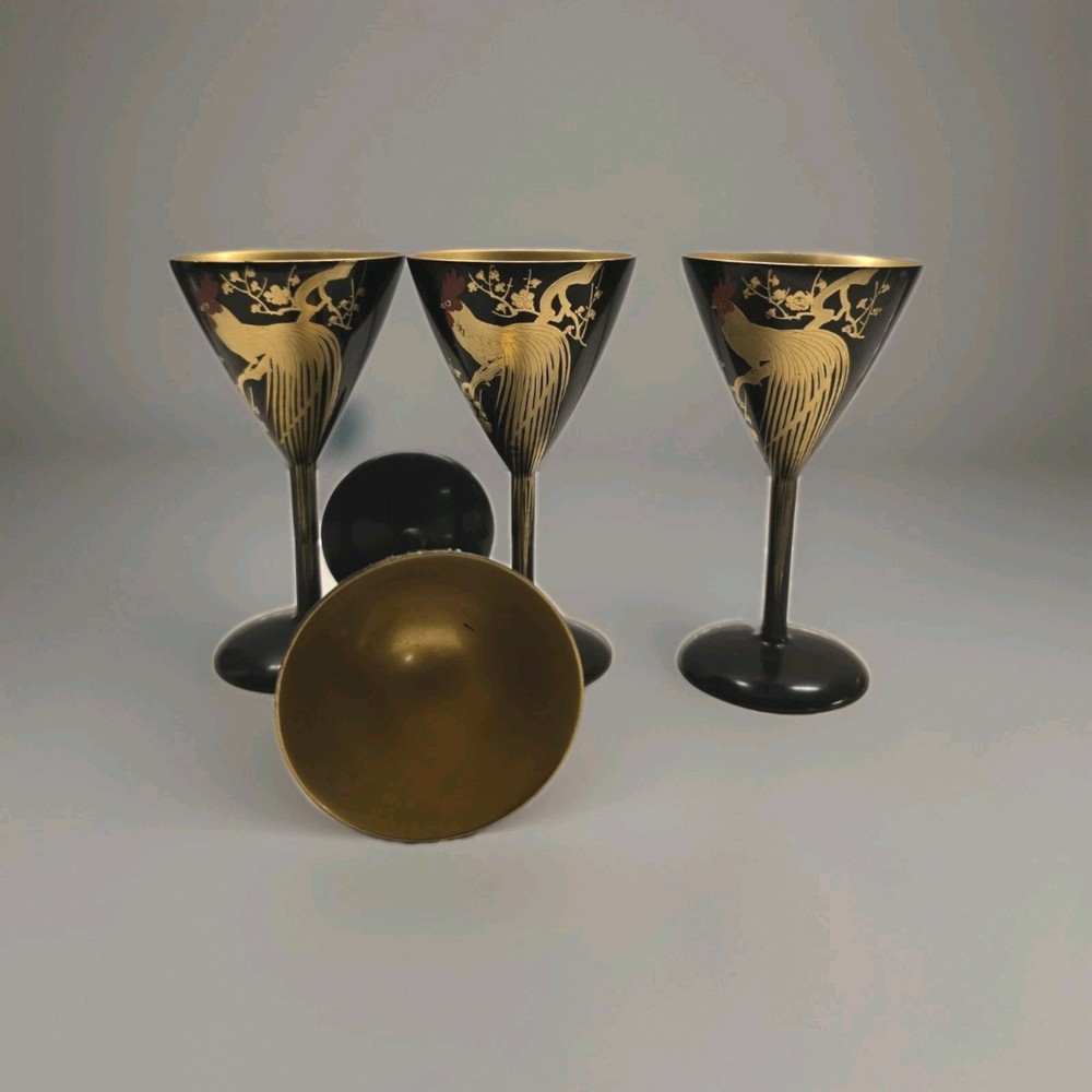 4 pcs Vintage Wooden Black Lacquer Cordial Glasses With Rooster Hand Painted