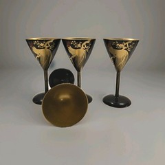 4 pcs Vintage Wooden Black Lacquer Cordial Glasses With Rooster Hand Painted