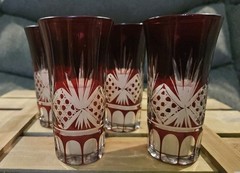 Czech Bohemian Ruby Red Cut to Clear 4″ Tumbler Cordial Spirit Glasses Set of 4