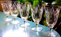 Vtg Set 5 Hand Cut Floral & Arch OPTIC DEPRESSION GLASS Iced Tea Goblets 6.25″