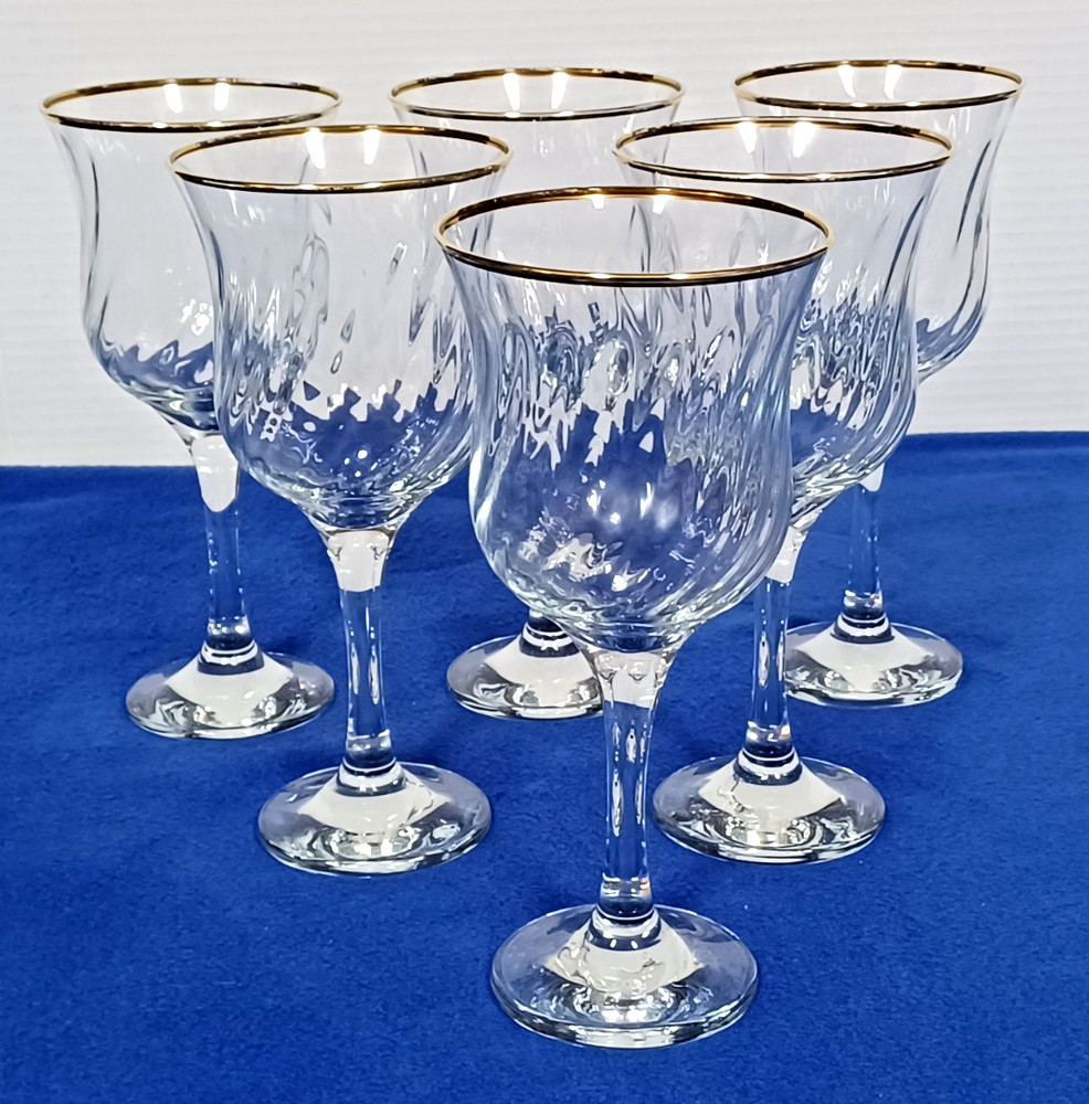 6 Crystal Clear Swirl Gold Trim Water Goblets 8″ Long Stemmed Drinking Glasses
