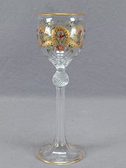Bohemian Moser Type Enameled Art Nouveau Pink & Blue Floral & Gold Wine Glass