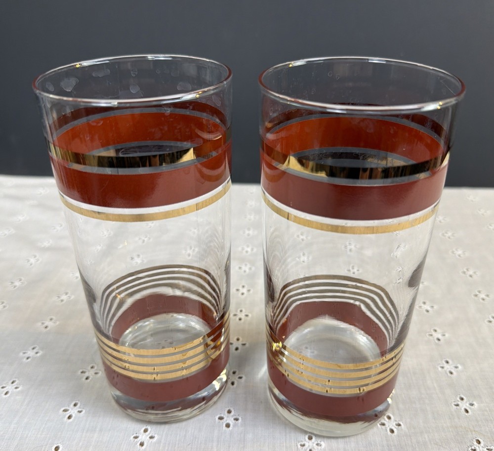 Vintage Mid Century Modern Rust /Gold Bar Glasses Atomic Retro Highball- 2