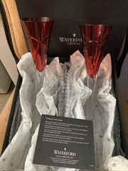 Pair of Waterford Crimson Ruby Red Champagne Flutes 11 w/Cut Heart Love Romance