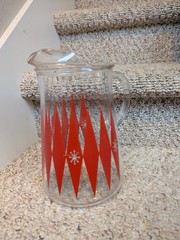 Vintage MCM Red Diamond Atomic Wide Bottom Glass Pitcher Serving Ribbed Handle