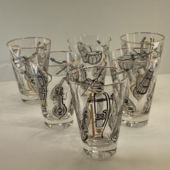 Six Libby glasses musical instruments black/white gold rim MCM retro Barware